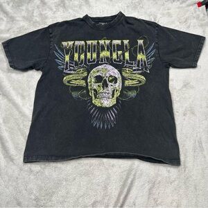 Youngla Inferno Oversized Tee Mens L Faded Black Skull Graphic Streetwear Gym